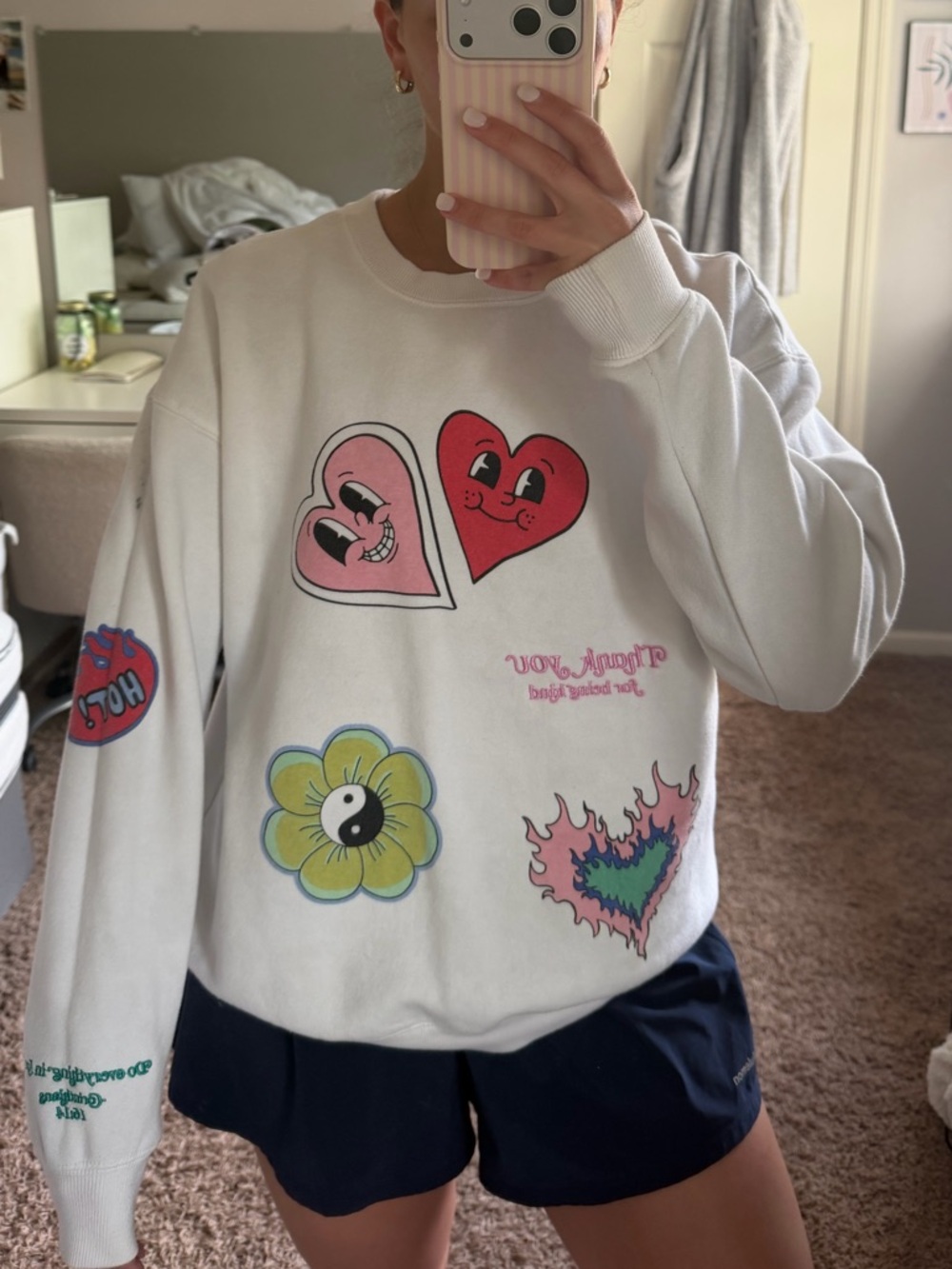 Forever 21 White Crewneck Sweater with Colorful Heart & Flower Graphics